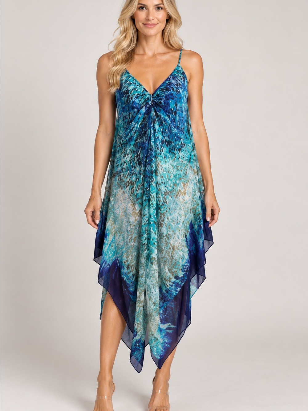Blue Teal Ombre Sleeveless Handkerchief Hem Dress